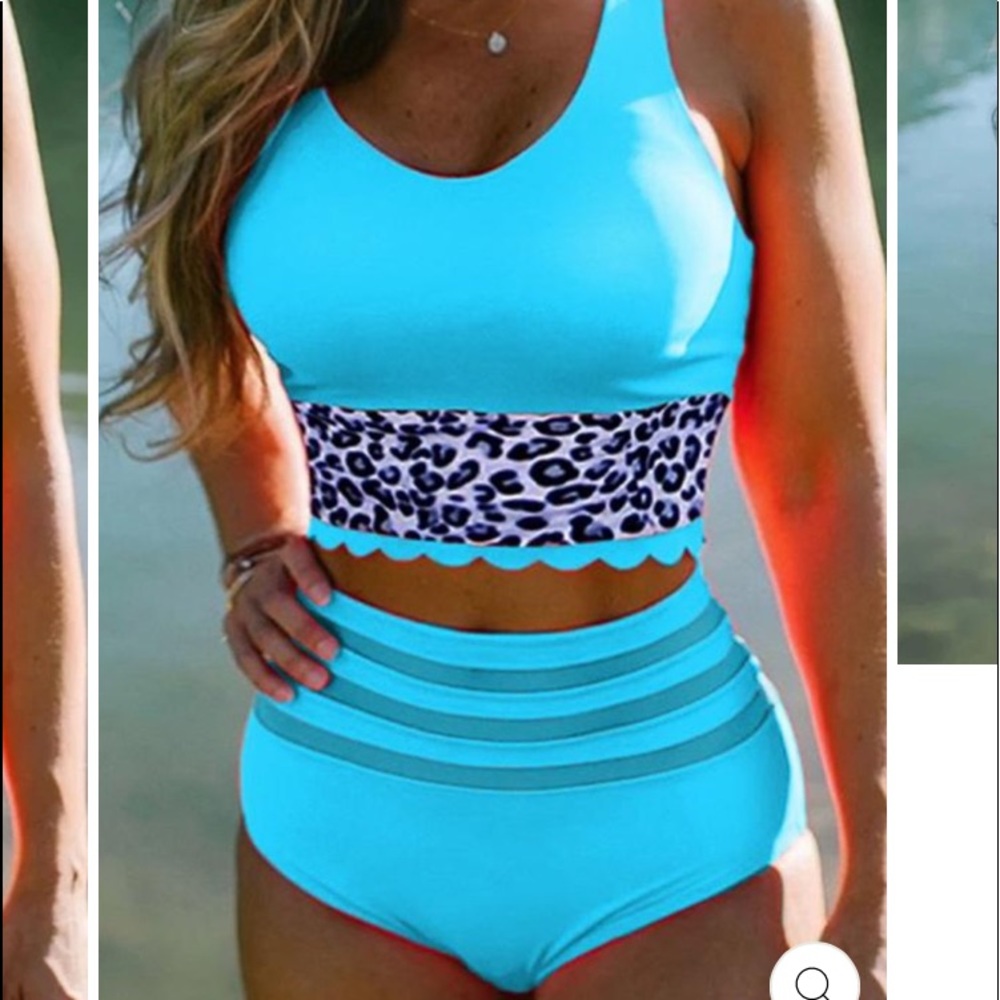 SCALLOP CROP LEOPARD PRINT STITCHING BIKINI SET